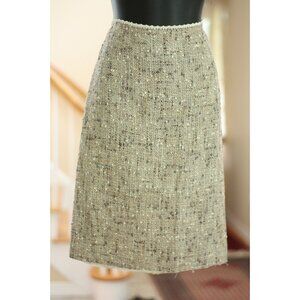 PRADA Gray, Tan and White Boucle Skirt with Lace Trim